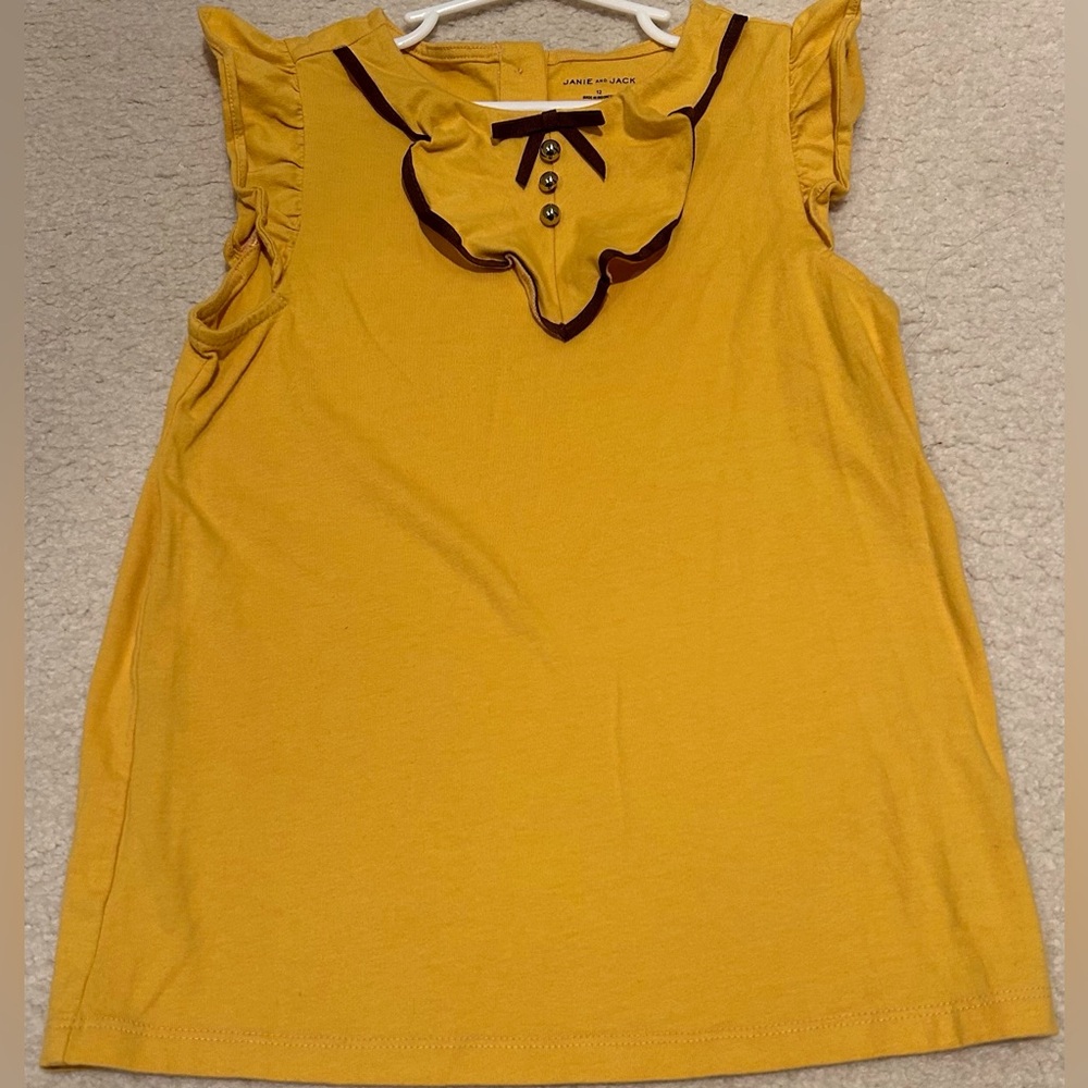 Janie and Jack mustard, colored sleeveless tank top with burgundy trim